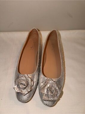 Women's Silver Embellished Floral Ballet Flats